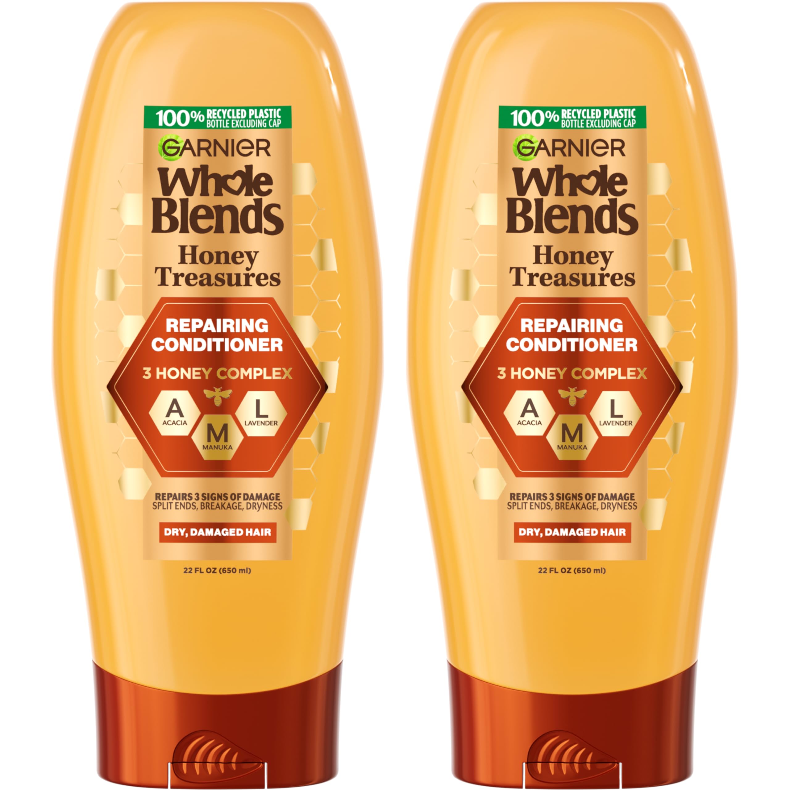 Acondicionador Garnier Whole Blends Honey Treasures en botella, cabello dañado más suave.