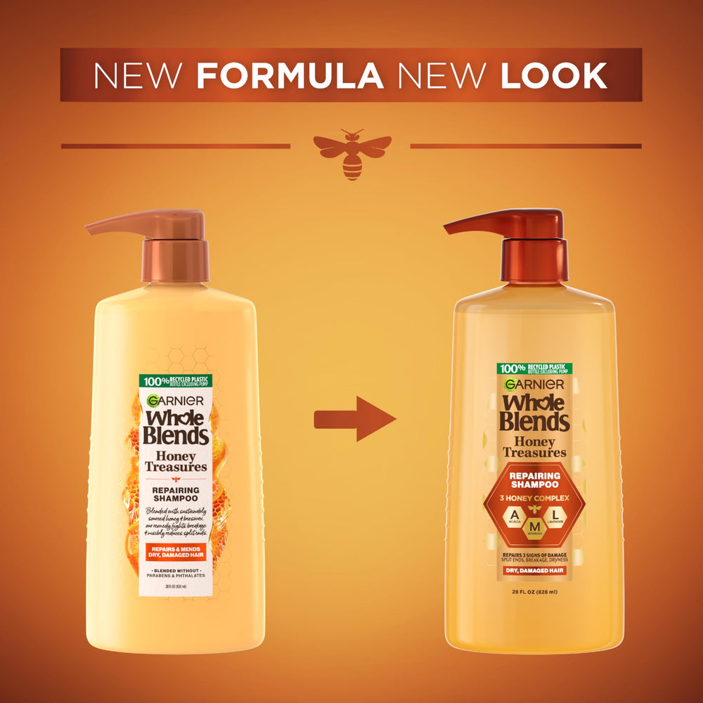 Garnier Whole Blends Honey Treasures champú reparador para cabello dañado con miel y lavanda.