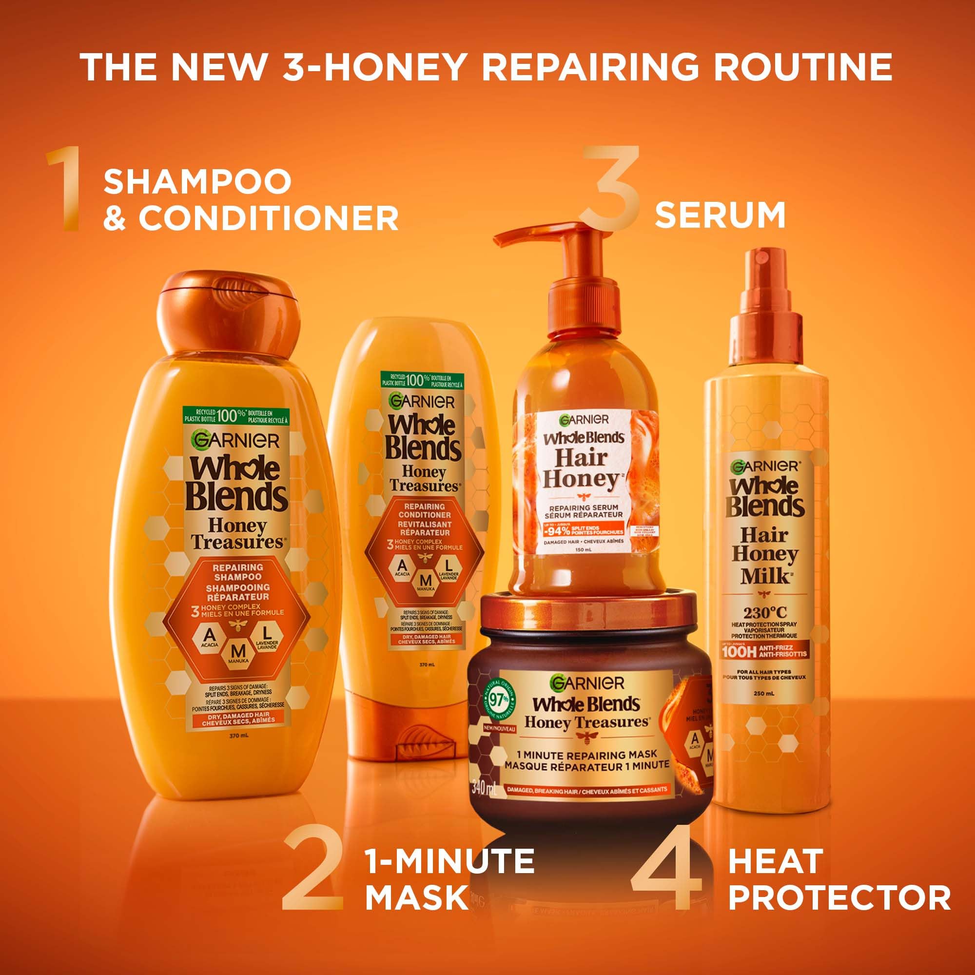 Garnier Whole Blends Reparando Miel Tesoros: lavado y enjuague para cabello más suave.