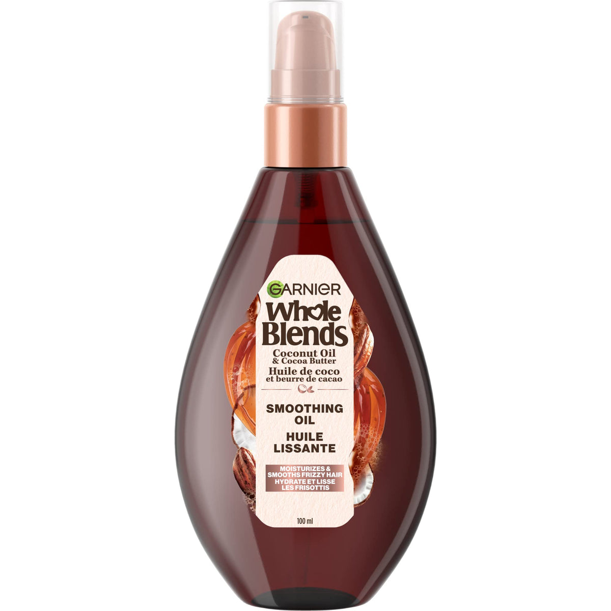 Garnier Whole Blends Aceite alisador para cabello, bote compacto, brillo inmediato sin grasa.