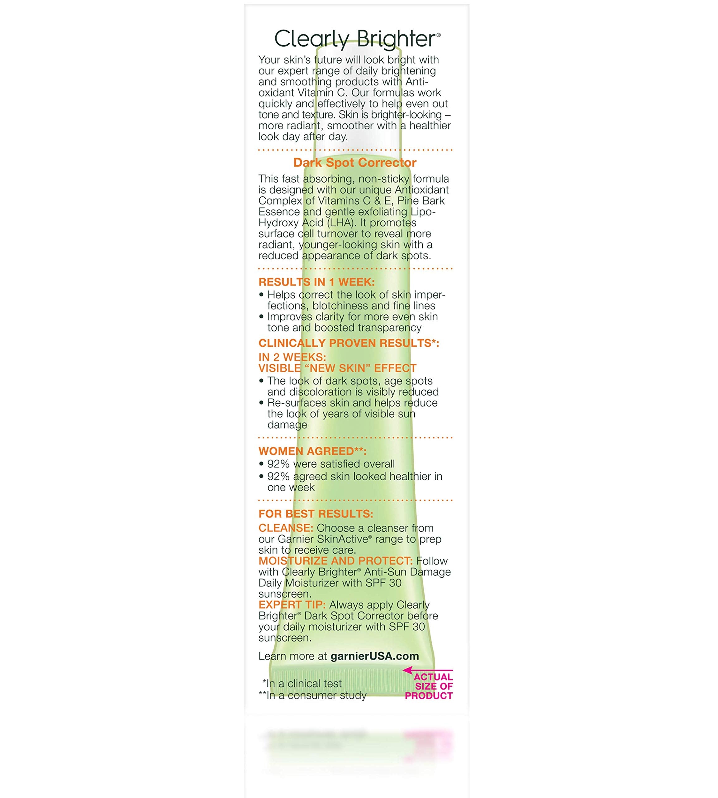 Garnier clinical results graphic suggests faster improvement in skin tone visibility.