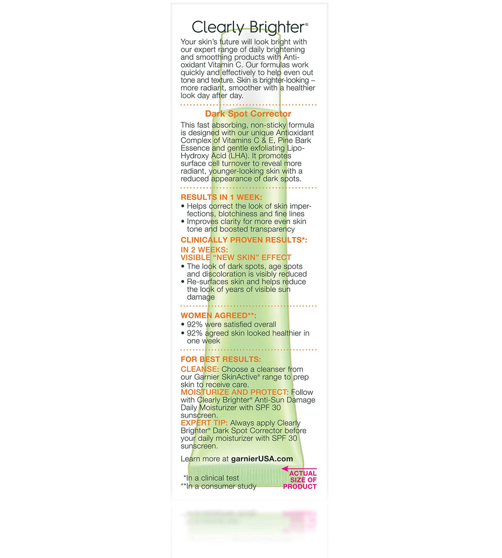 Garnier clinical results graphic suggests faster improvement in skin tone visibility.
