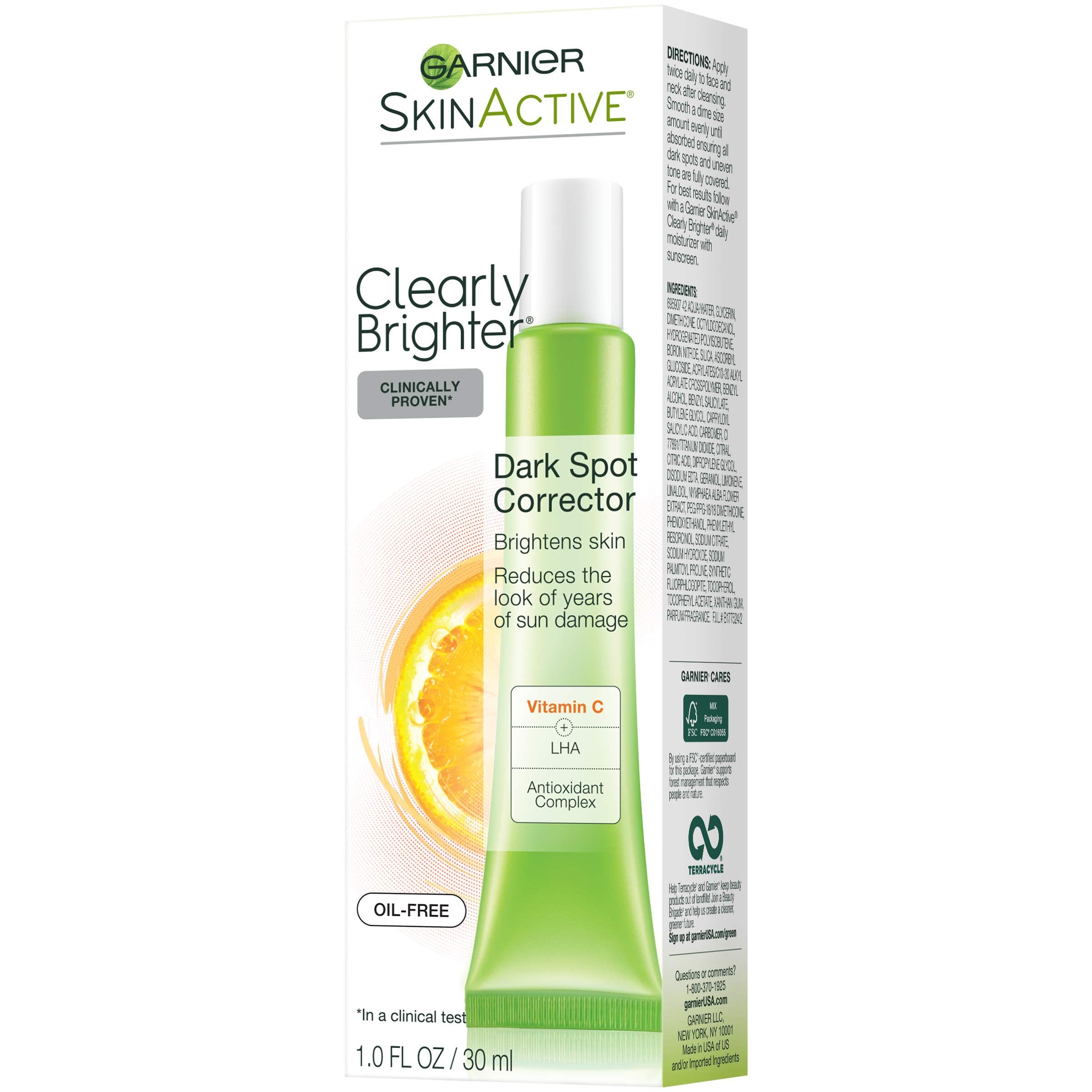 Garnier Vitamin C and LHA antioxidant complex closeup highlights brightening benefits.