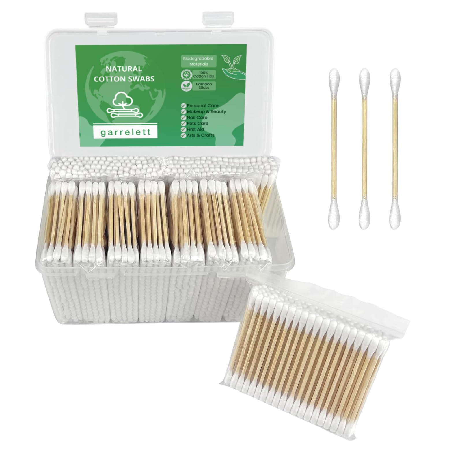 Garrelett bamboo cotton swabs in pack-front view, highlighting eco-friendly packaging and bulk value.