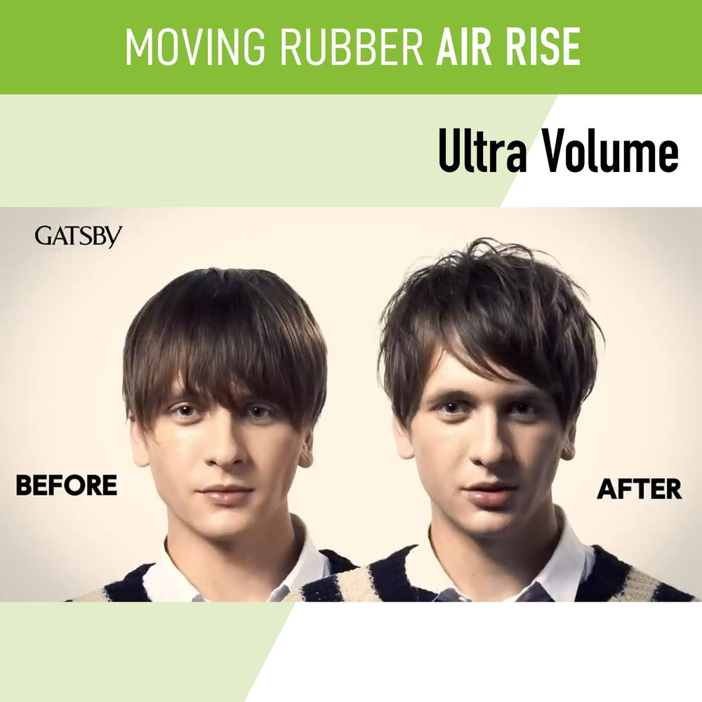 Gatsby Moving Rubber Air Rise packaging on shelf highlights paraben-free formula.