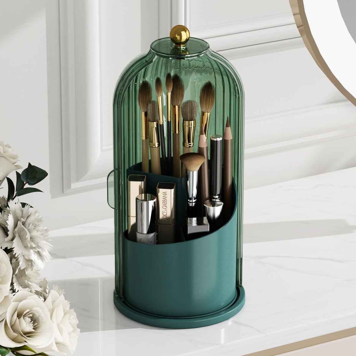 GAXmi makeup brush holder with lid protects brushes from dust on vanity.