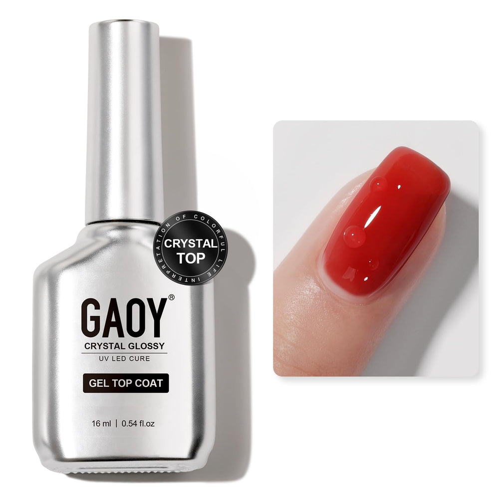 GAOY Crystal Glossy Top Coat bottle with chrome finish for a high shine manicure.
