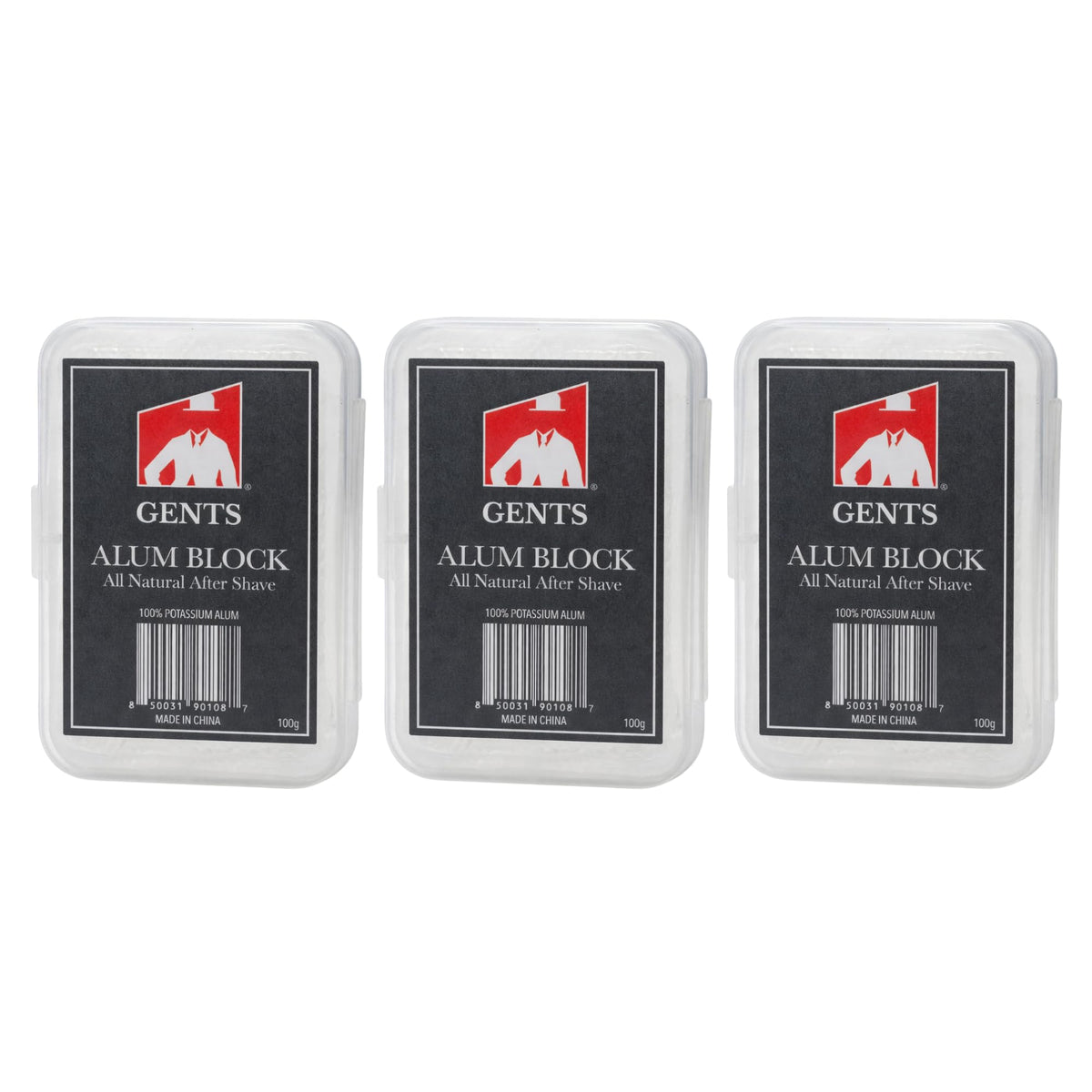 GBS Gents Alum Block in plastic case front view for travel-ready razor burn protection.