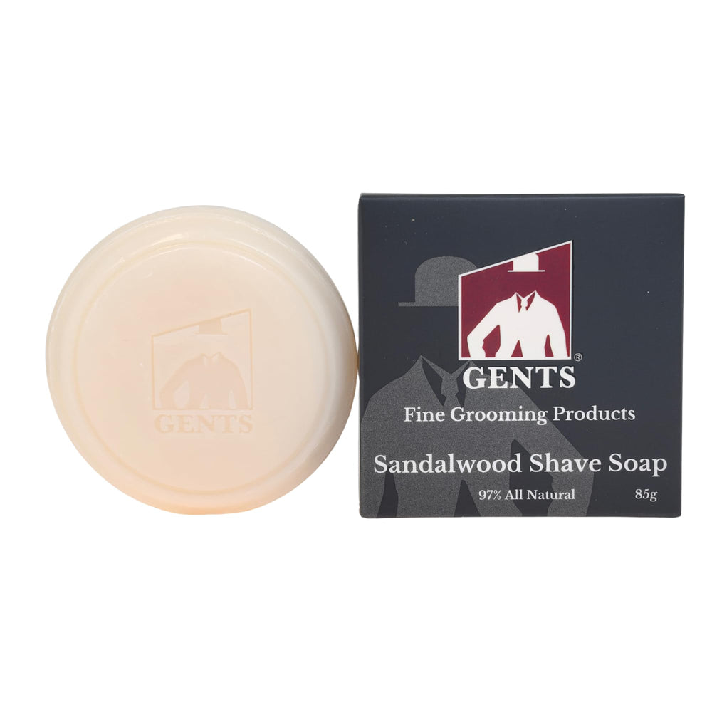 G.B.S GENTS sandalwood shaving soap puck forming a rich, smooth shave