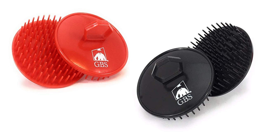 G.B.S soft red scalp massager brush close-up for gentle scalp care.