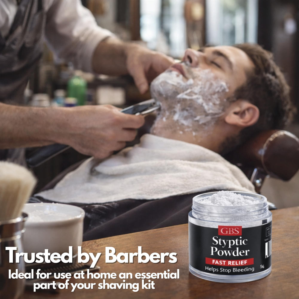 Applying GBS Styptic Powder to a razor nick on the cheek.