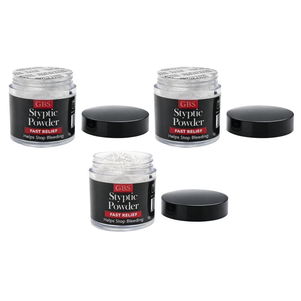 GBS Styptic Powder jar pack shows compact grooming solution for quick nick stops.