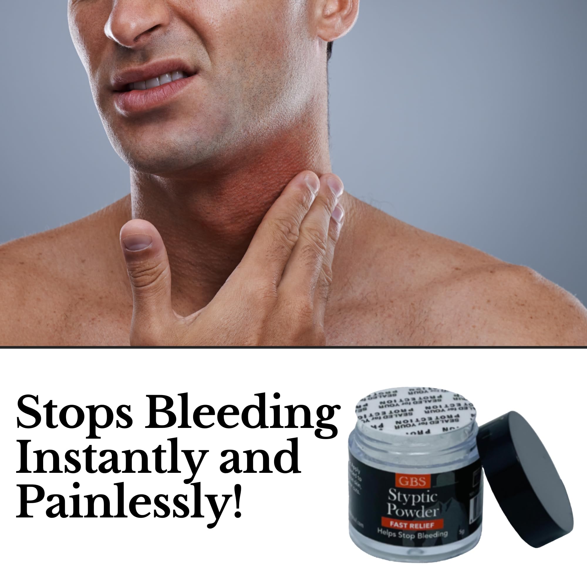GBS Styptic Powder three-pack display for home or barber kit.