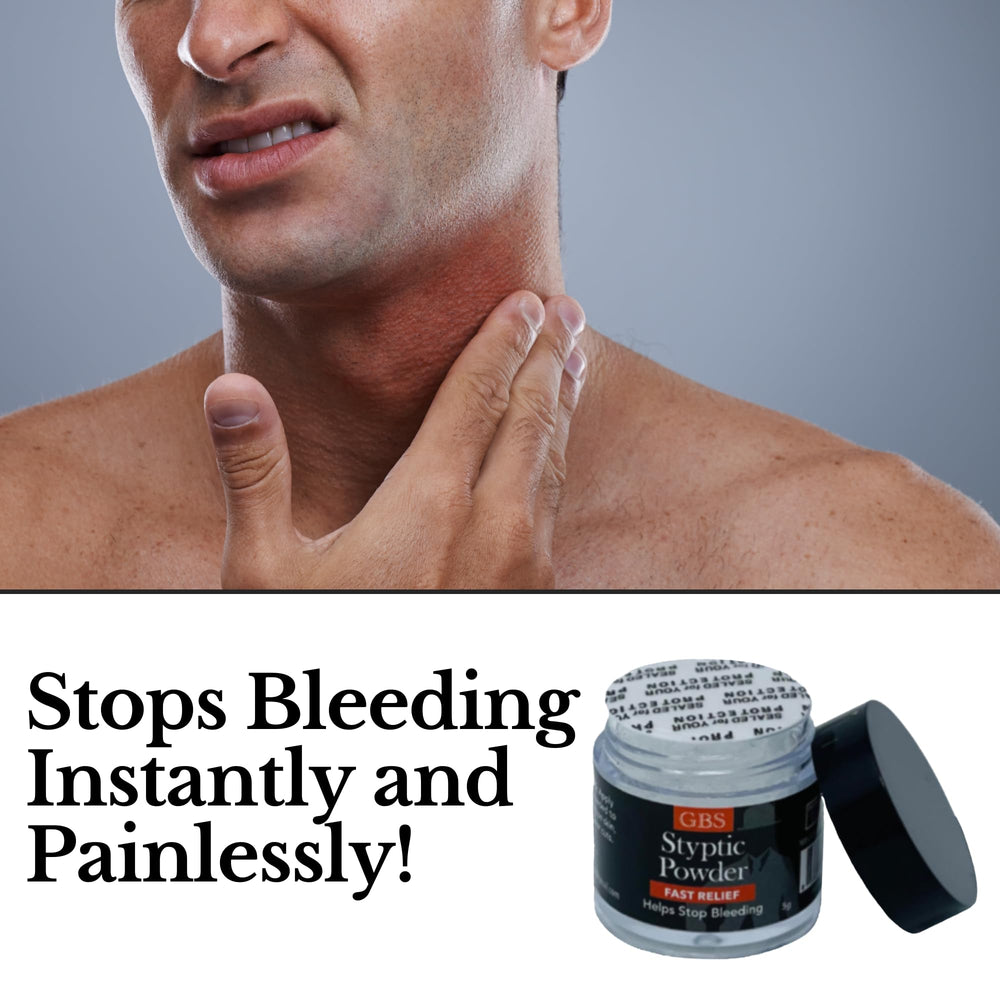GBS Styptic Powder three-pack display for home or barber kit.