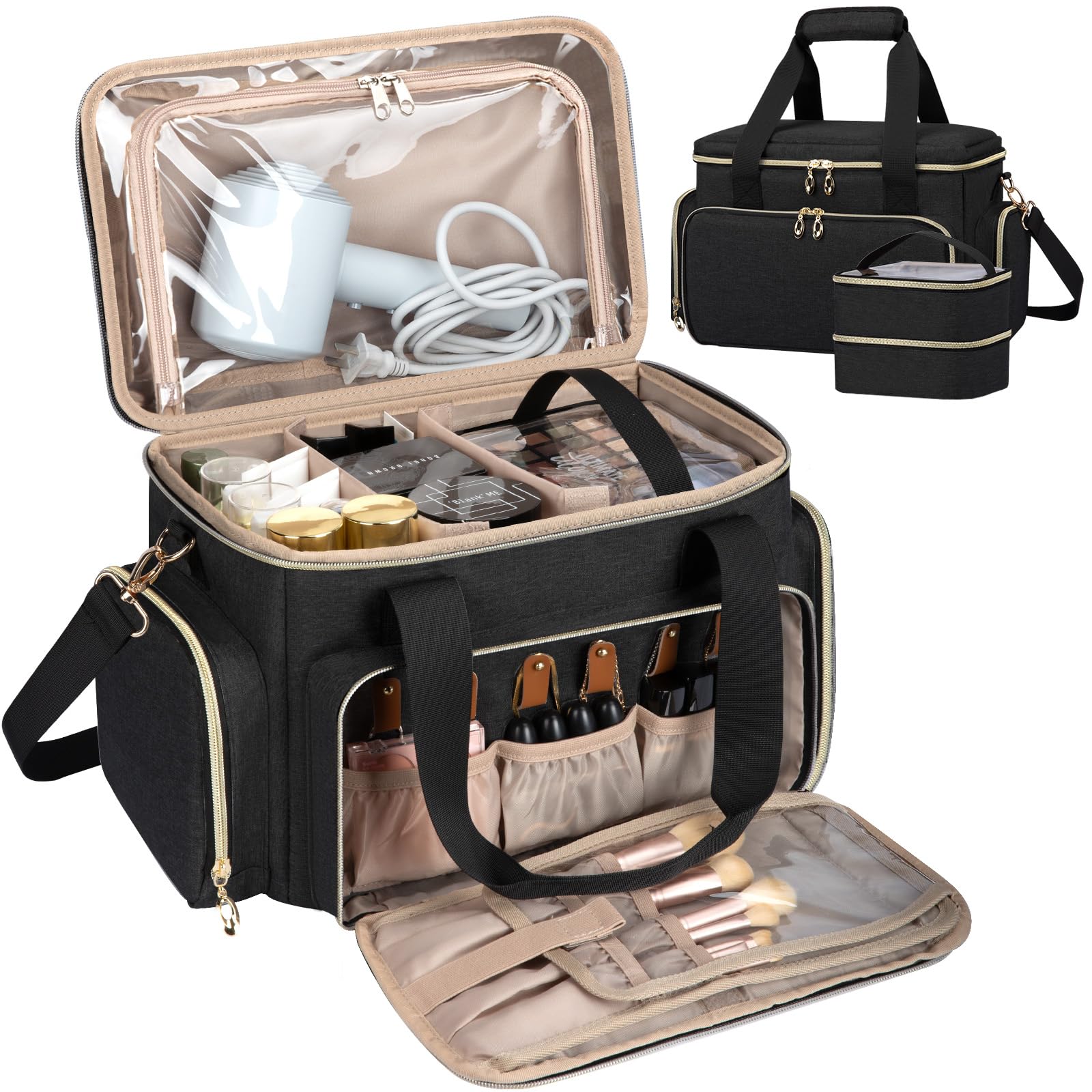 GDNasist large makeup bag side view showing spacious storage for cosmetics