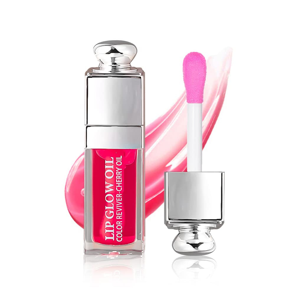 GECOMO Lip Glow Oil Raspberry bottle closeup showing hydrated lips.