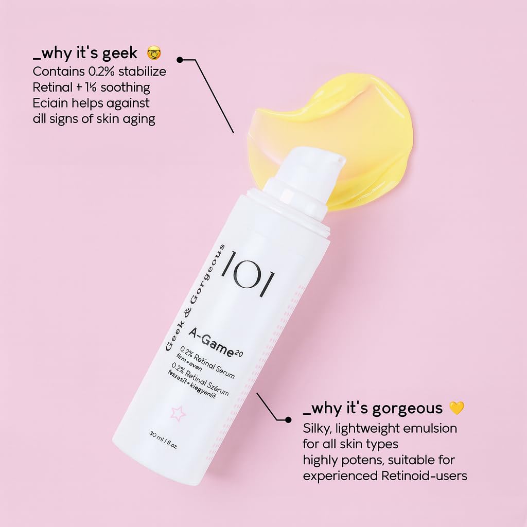 Geek & Gorgeous A-Game 20 night routine image suggests retinoid-friendly steps.