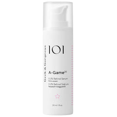 Geek & Gorgeous A-Game 20 serum bottle highlights a concentrated formula for smoother skin.