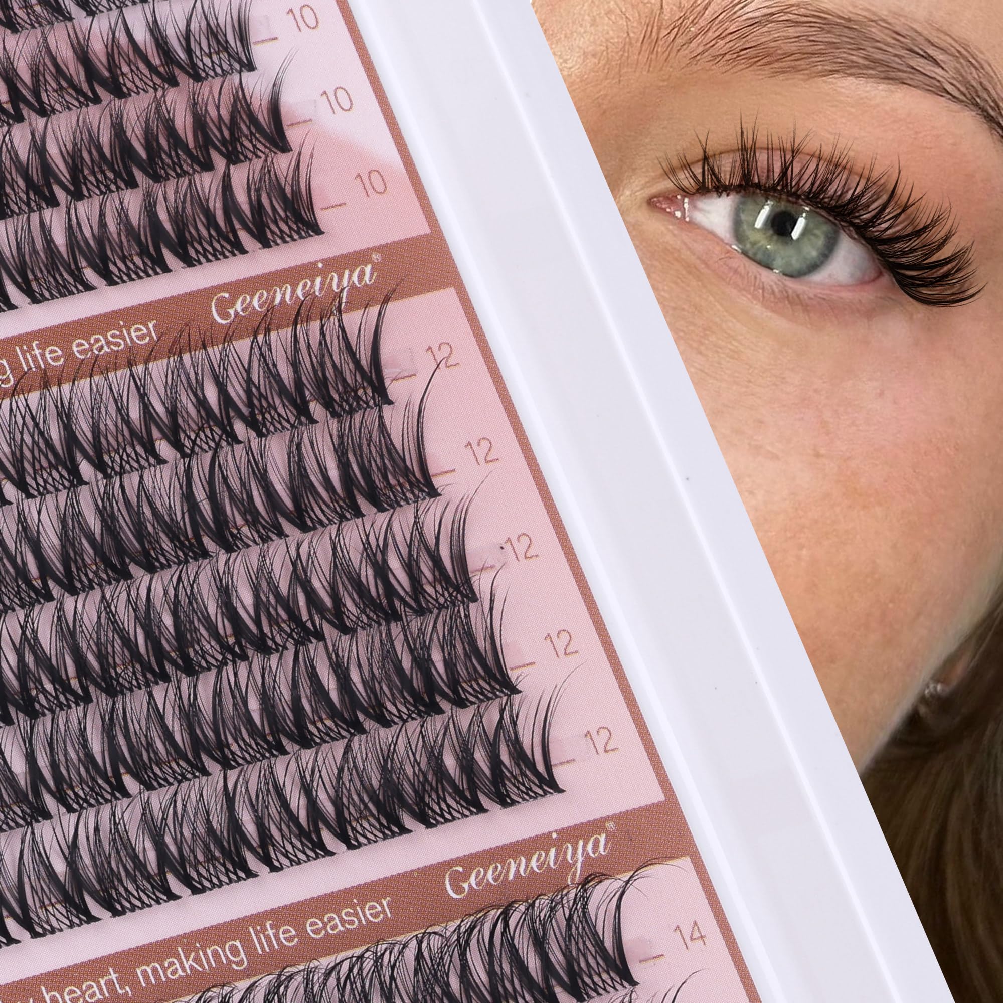 Geeneiya 10-12mm cluster lashes for versatile styling.