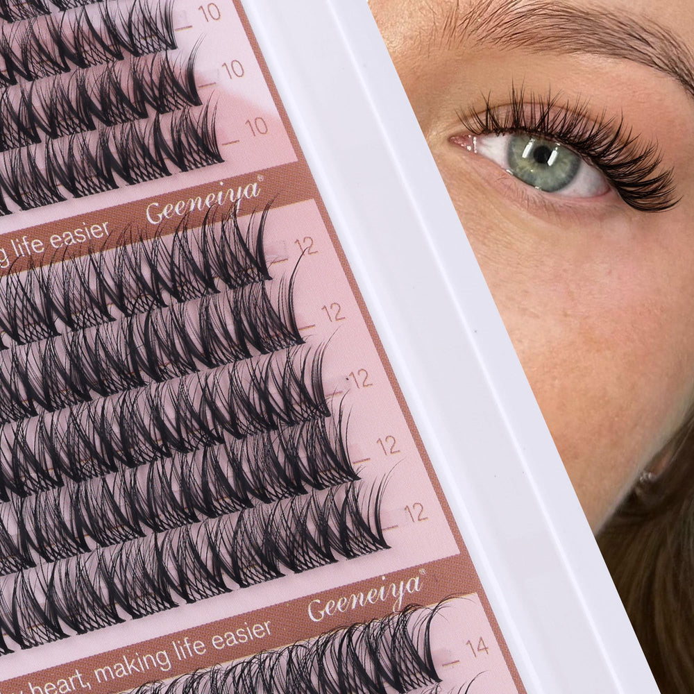 Geeneiya 10-12mm cluster lashes for versatile styling.