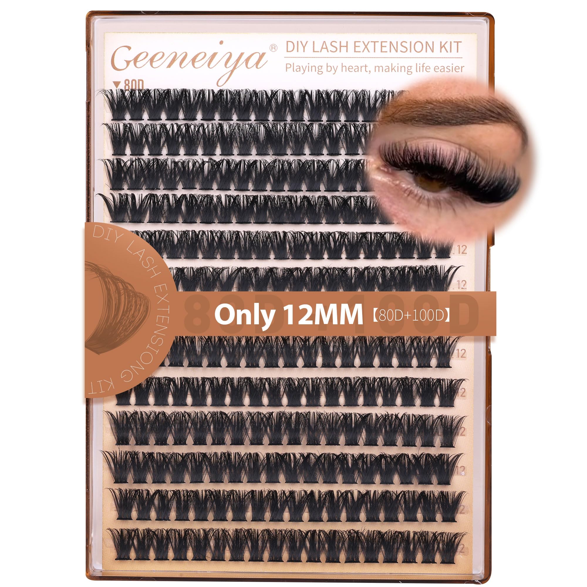 Geeneiya 12mm volume lash clusters in a D curl close-up showing natural wispy texture.