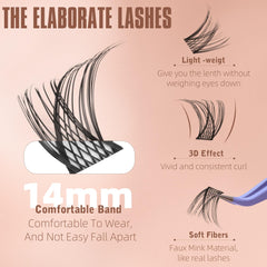 Geeneiya 14mm lash clusters seamless fit for all-day comfort.