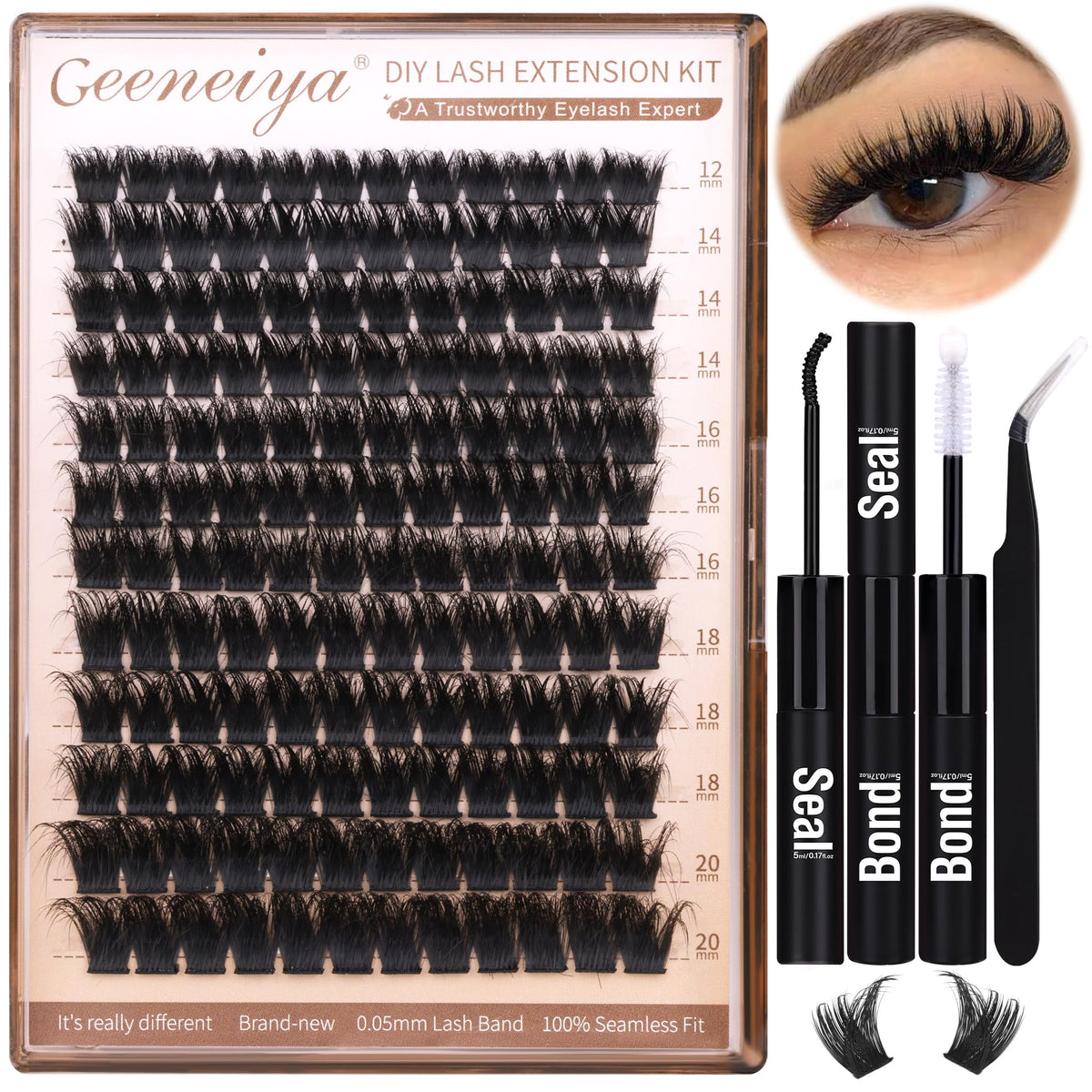 Geeneiya 200D lash clusters kit with 144 pieces for at-home styling and a premium look
