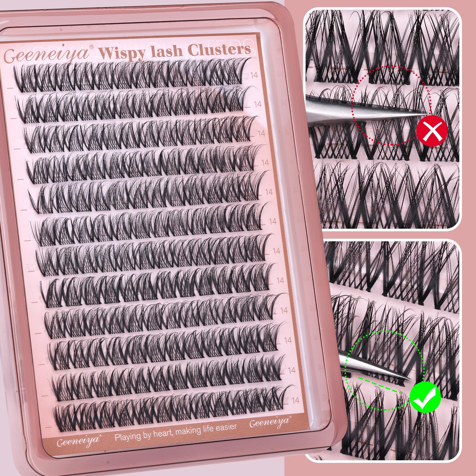 Geeneiya lash clusters with tweezers for precise application.