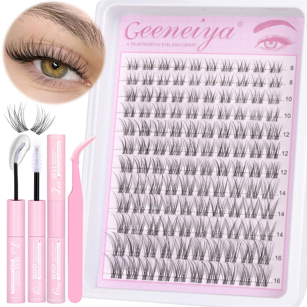 Geeneiya clear band lash clusters kit showing 120 pieces for natural DIY lash look.