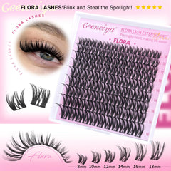 Geeneiya Flora Lash Clusters showing 8-18mm length for eye-opening effect