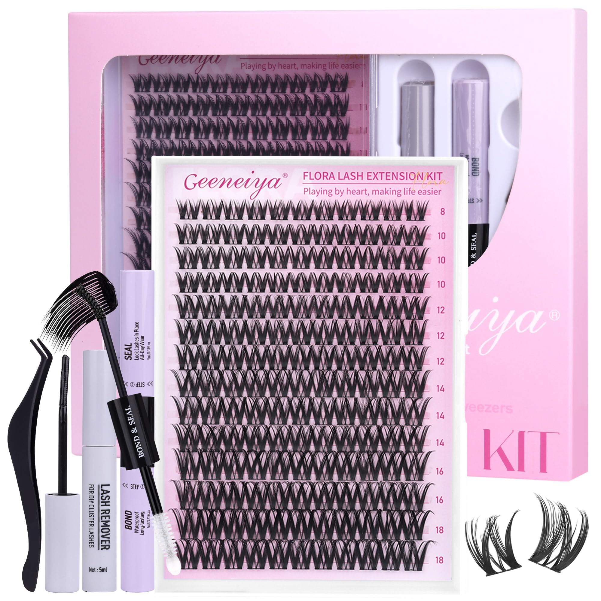 Geeneiya Flora Lashes Clusters Kit packaging with premium tools for beginners.