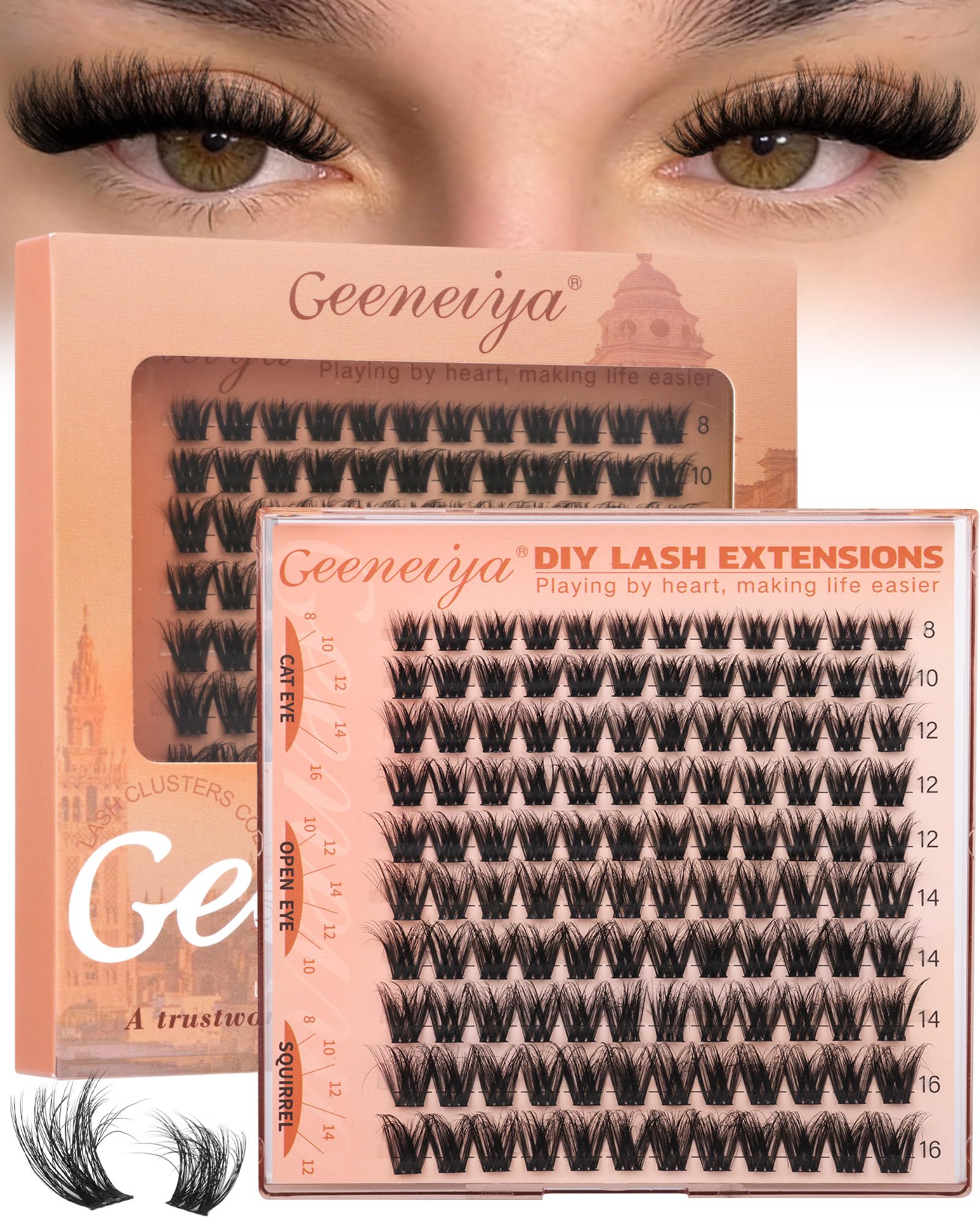 Geeneiya fluffy lash clusters in 8-16mm pre-mapped for effortless cat-eye definition.
