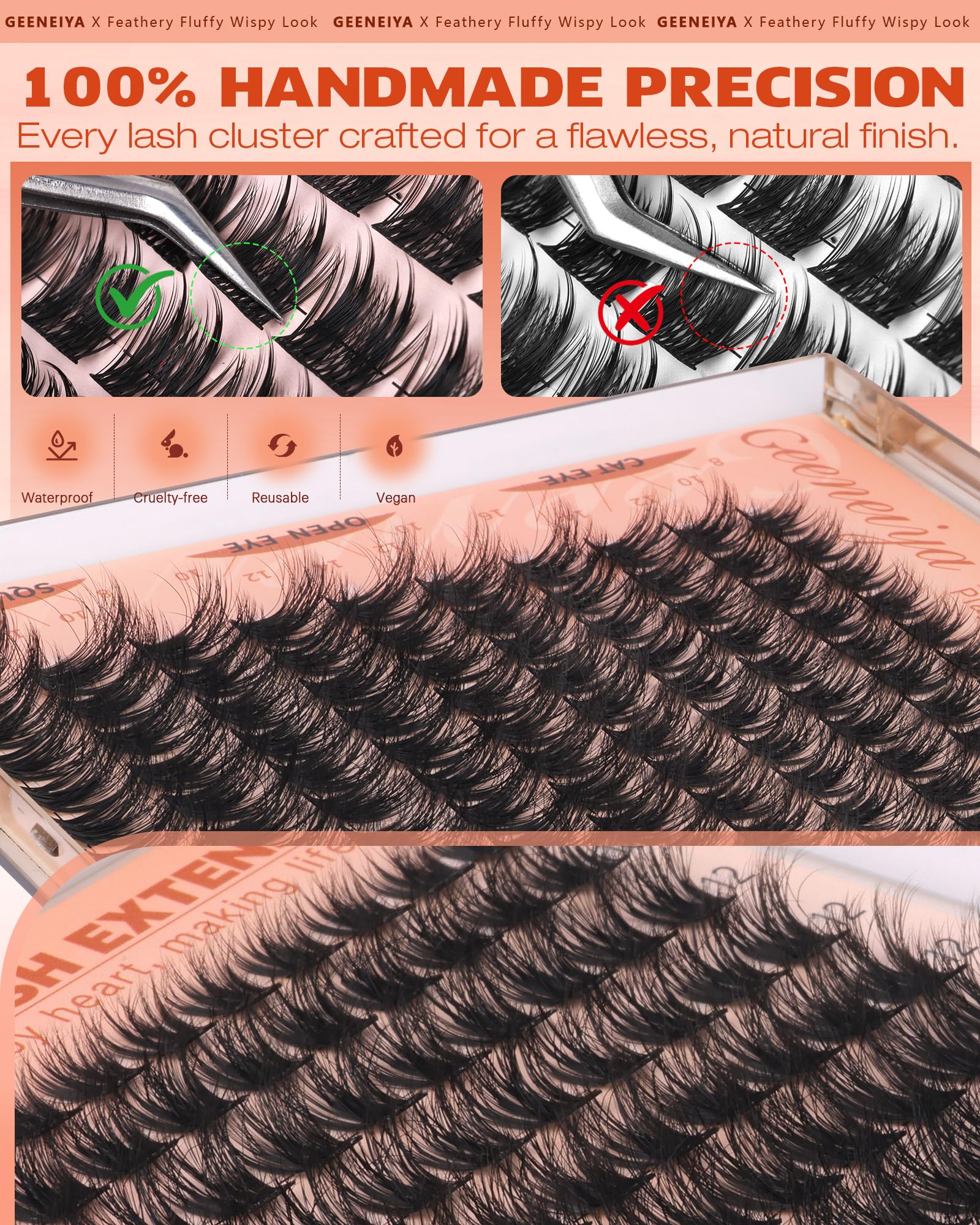 Geeneiya fluffy lash clusters offer all-day wear and water resistance.
