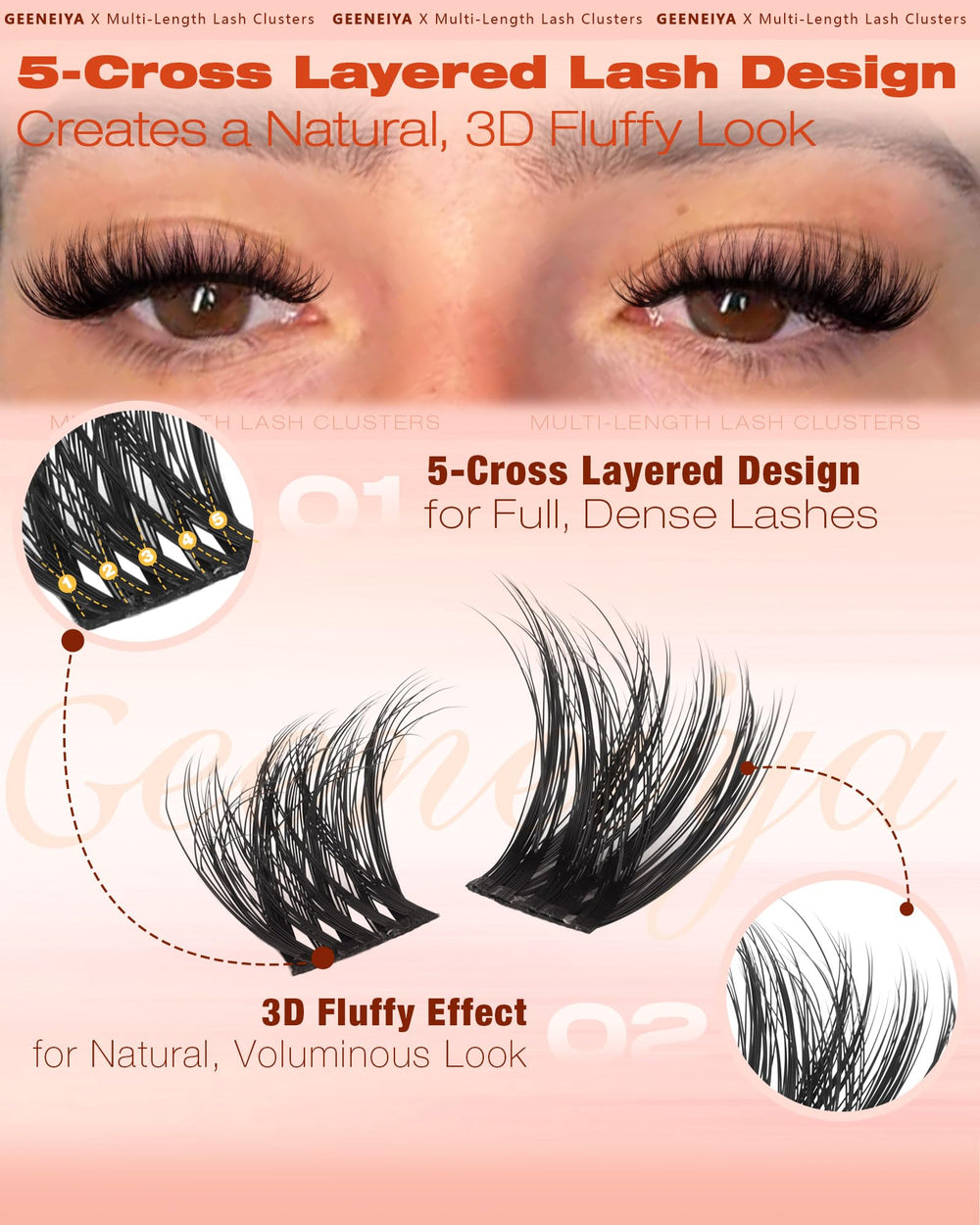 Geeneiya Fluffy Lash Clusters create cat-eye look with defined, lifted edges.