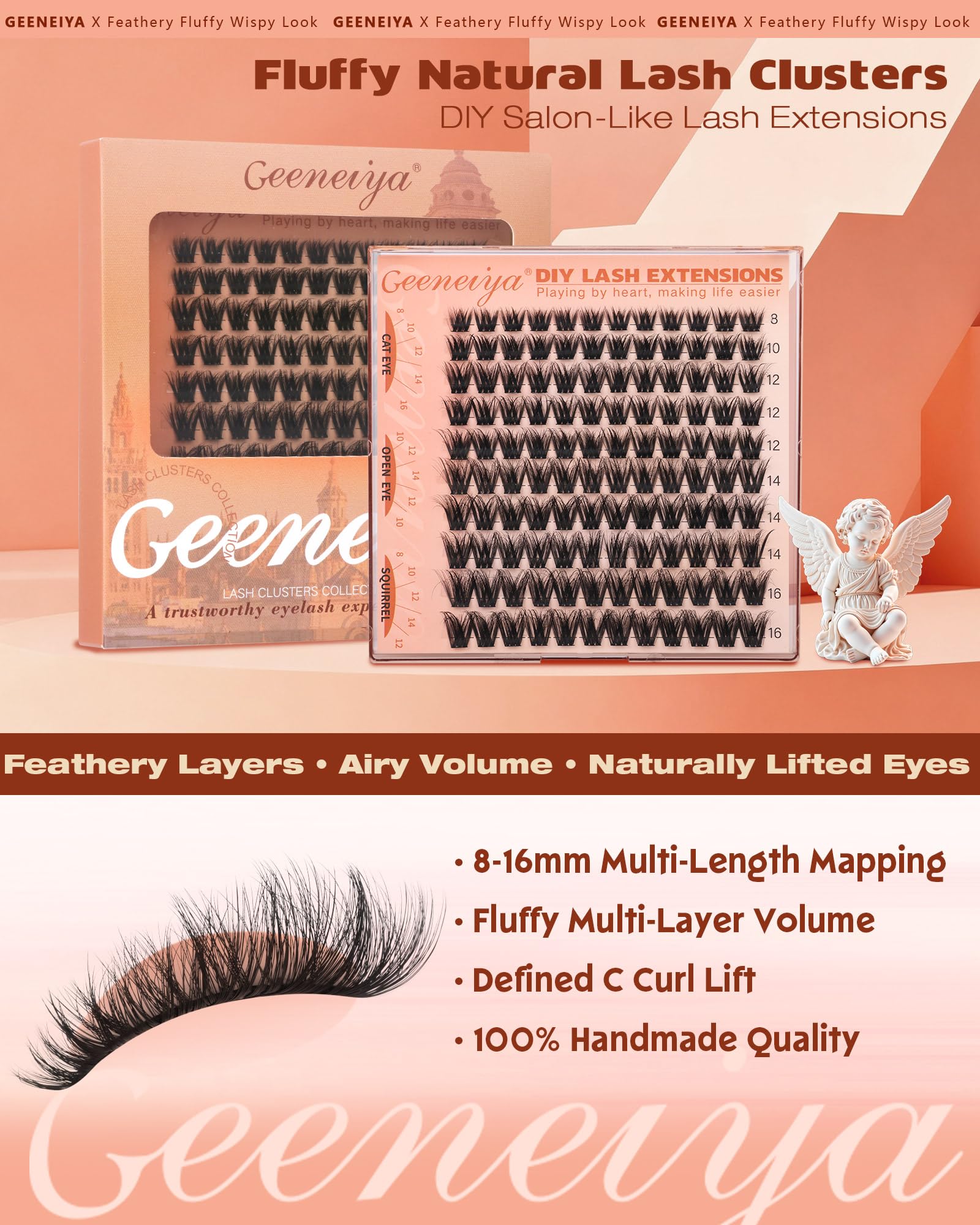 Geeneiya fluffy lash clusters handmade with soft fibers for all-day comfort.