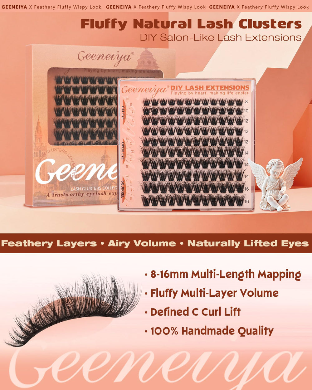 Geeneiya fluffy lash clusters handmade with soft fibers for all-day comfort.