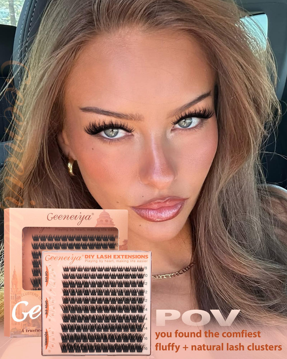 Geeneiya Fluffy Lash Clusters natural 3D effect blends with lashes for lift.