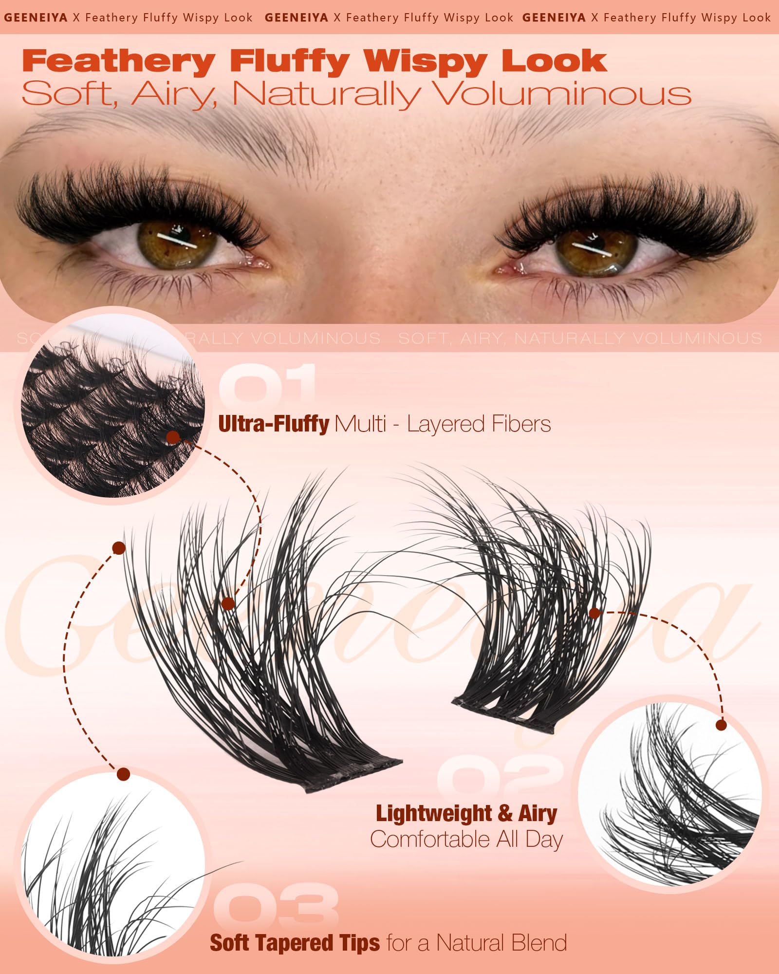 Geeneiya fluffy lash clusters for open-eye look with airy lift.
