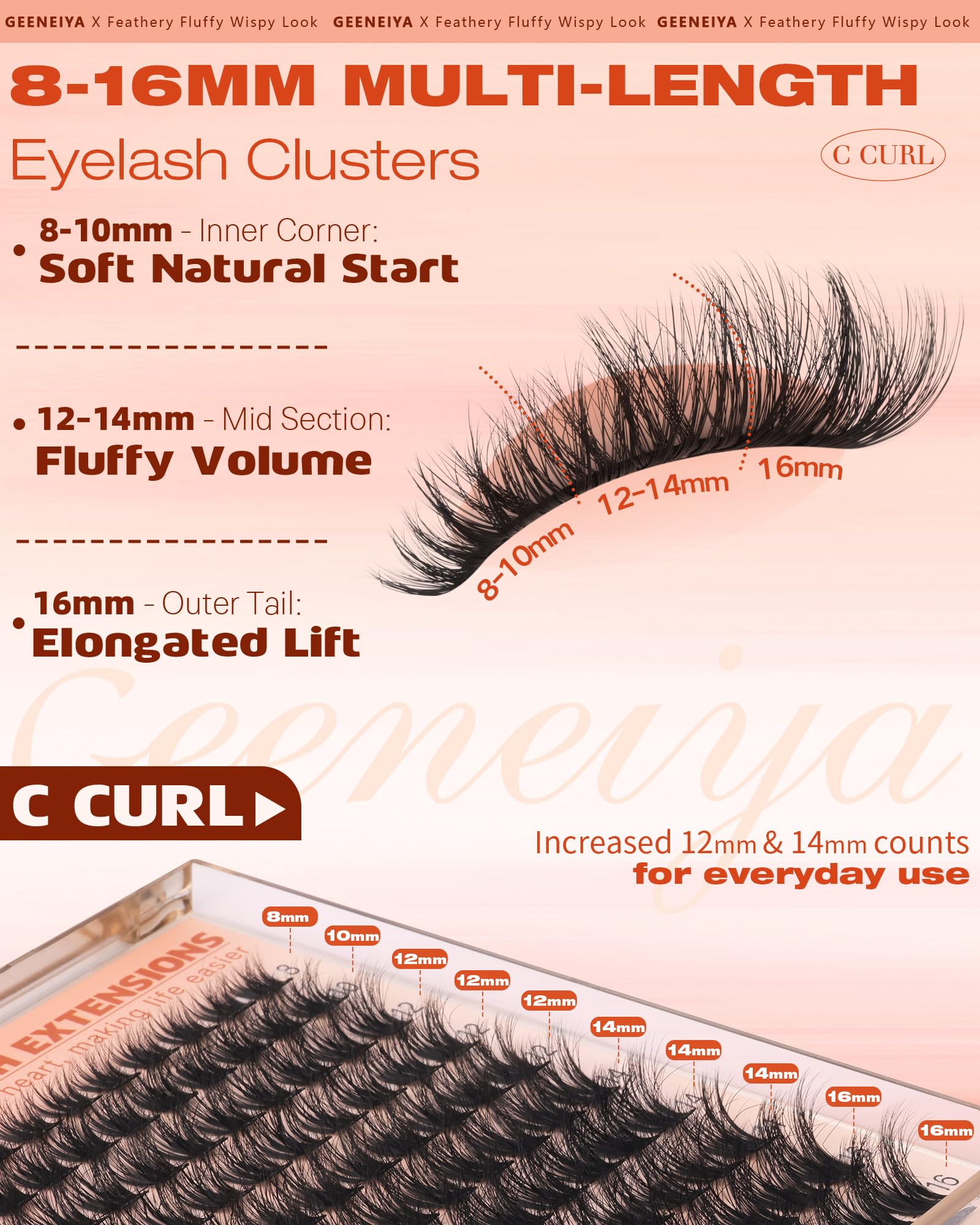 Geeneiya fluffy lash clusters enabling squirrel-eye style with subtle curl.