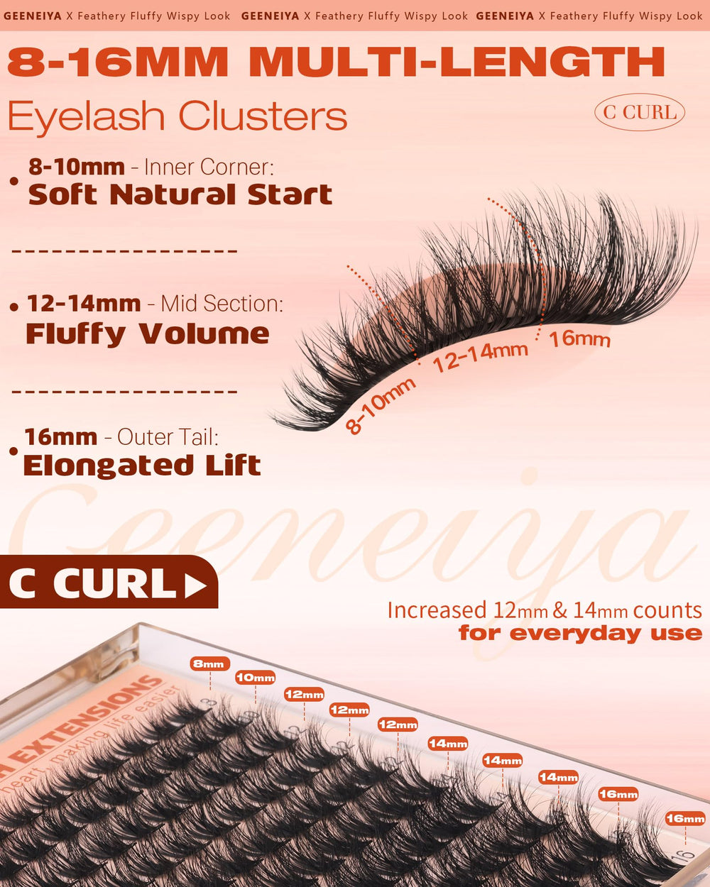 Geeneiya fluffy lash clusters enabling squirrel-eye style with subtle curl.