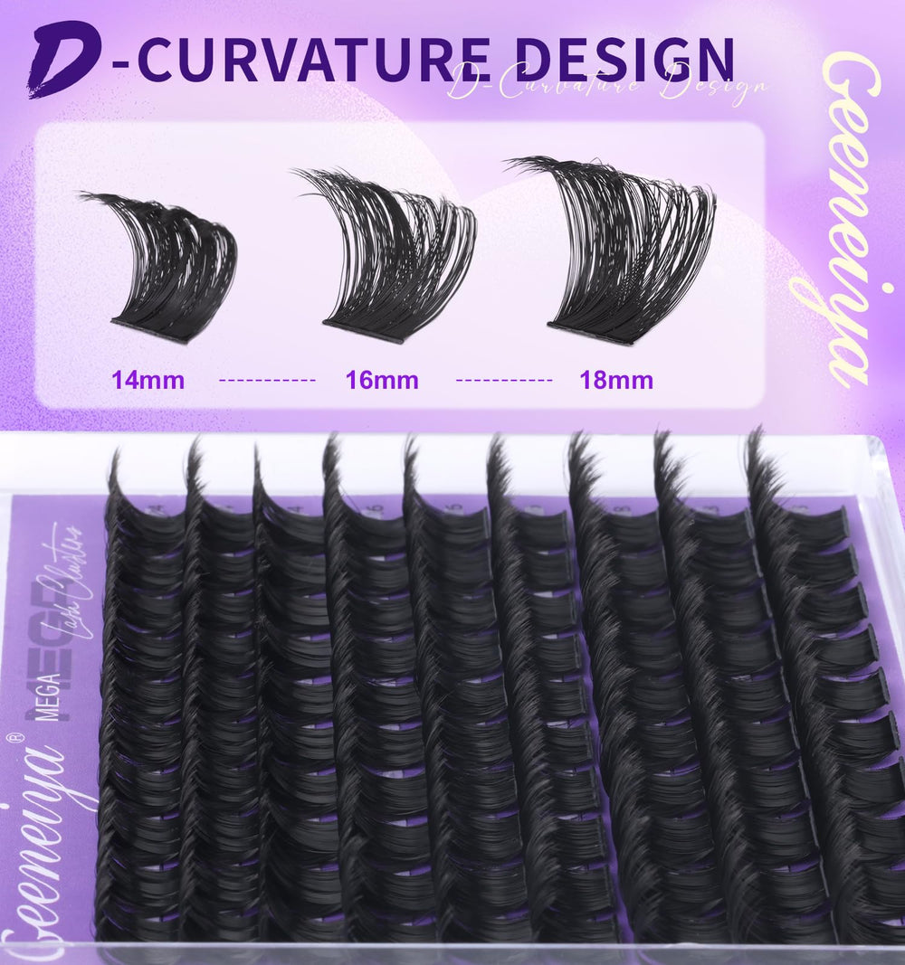 Geeneiya Mega Lash Clusters application tips illustrate quick, beginner-friendly lash builds.