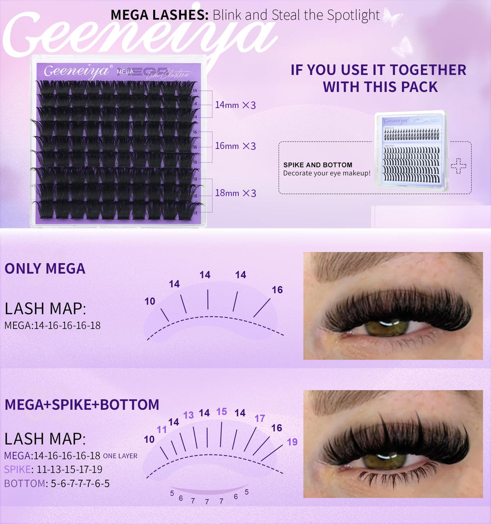 Geeneiya Mega Lash Clusters packaging highlights compact storage and reuse guidance.