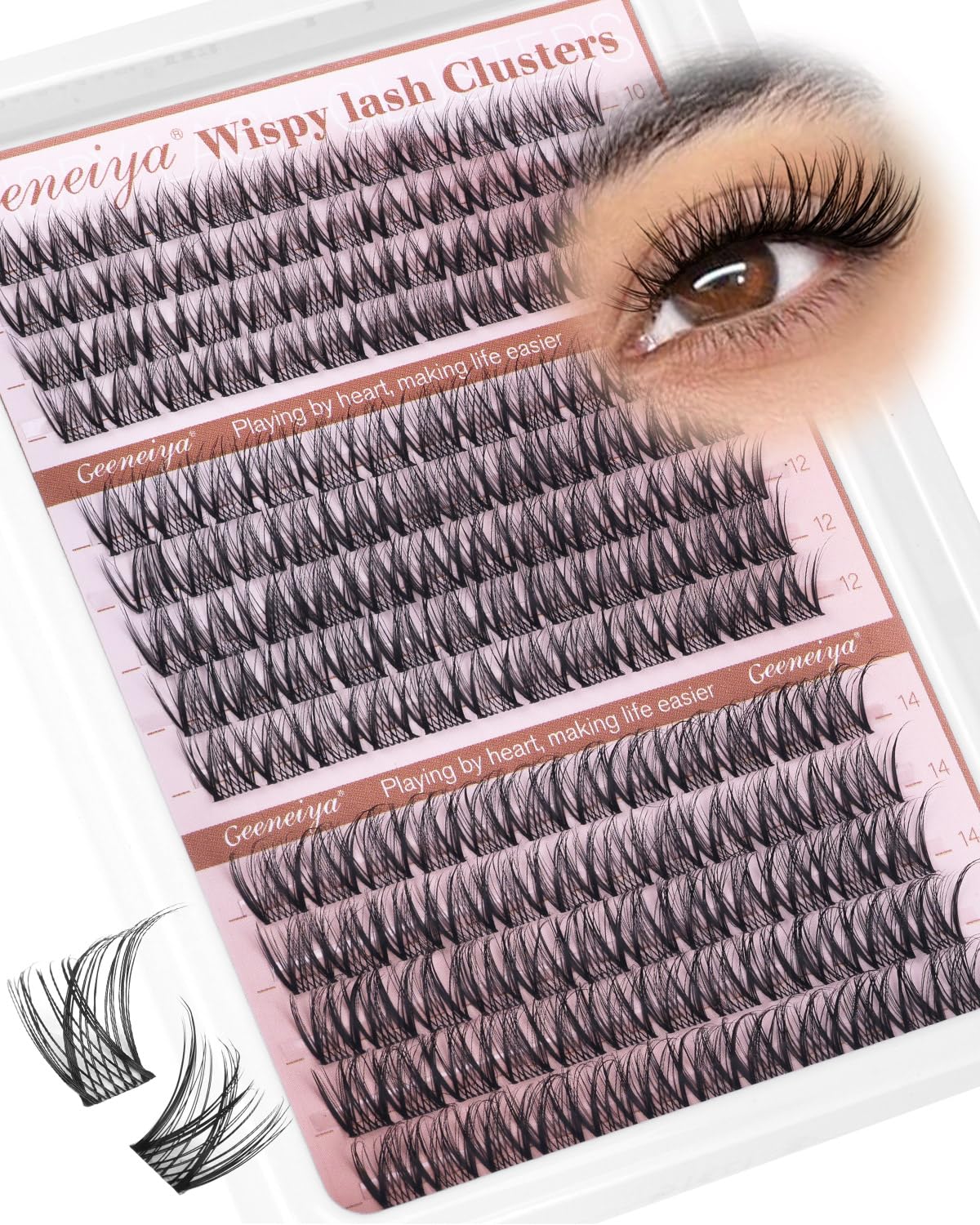 Geeneiya packaging shows 168-piece lash clusters for easy home use.