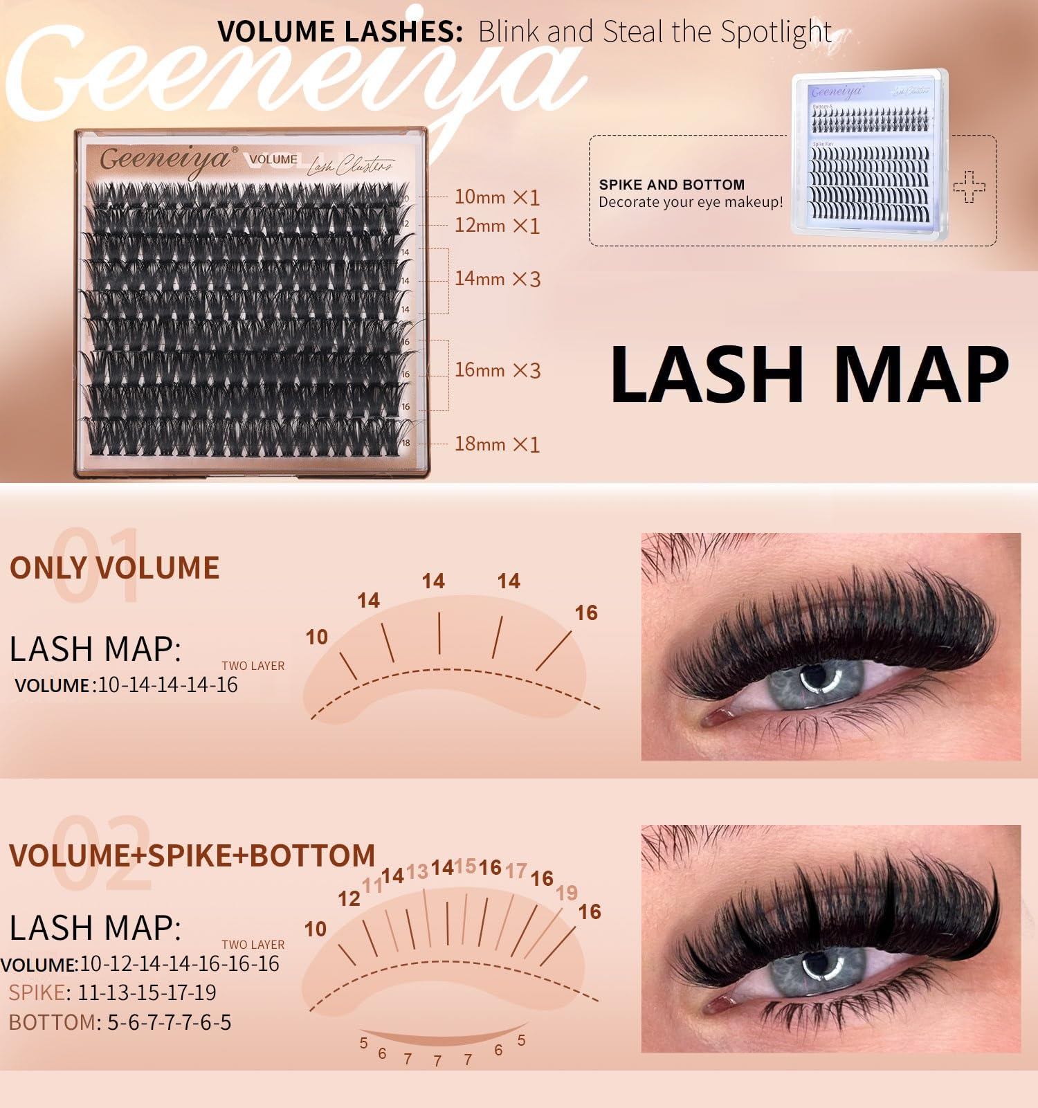 Geeneiya spike-bottom maps showcase versatile lash styles for standout looks