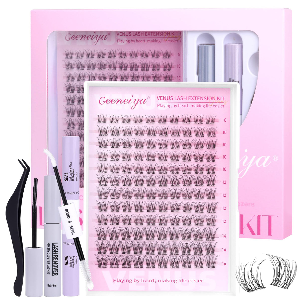 Geeneiya Venus lashes clusters kit packaging displaying a beginner-friendly DIY setup.