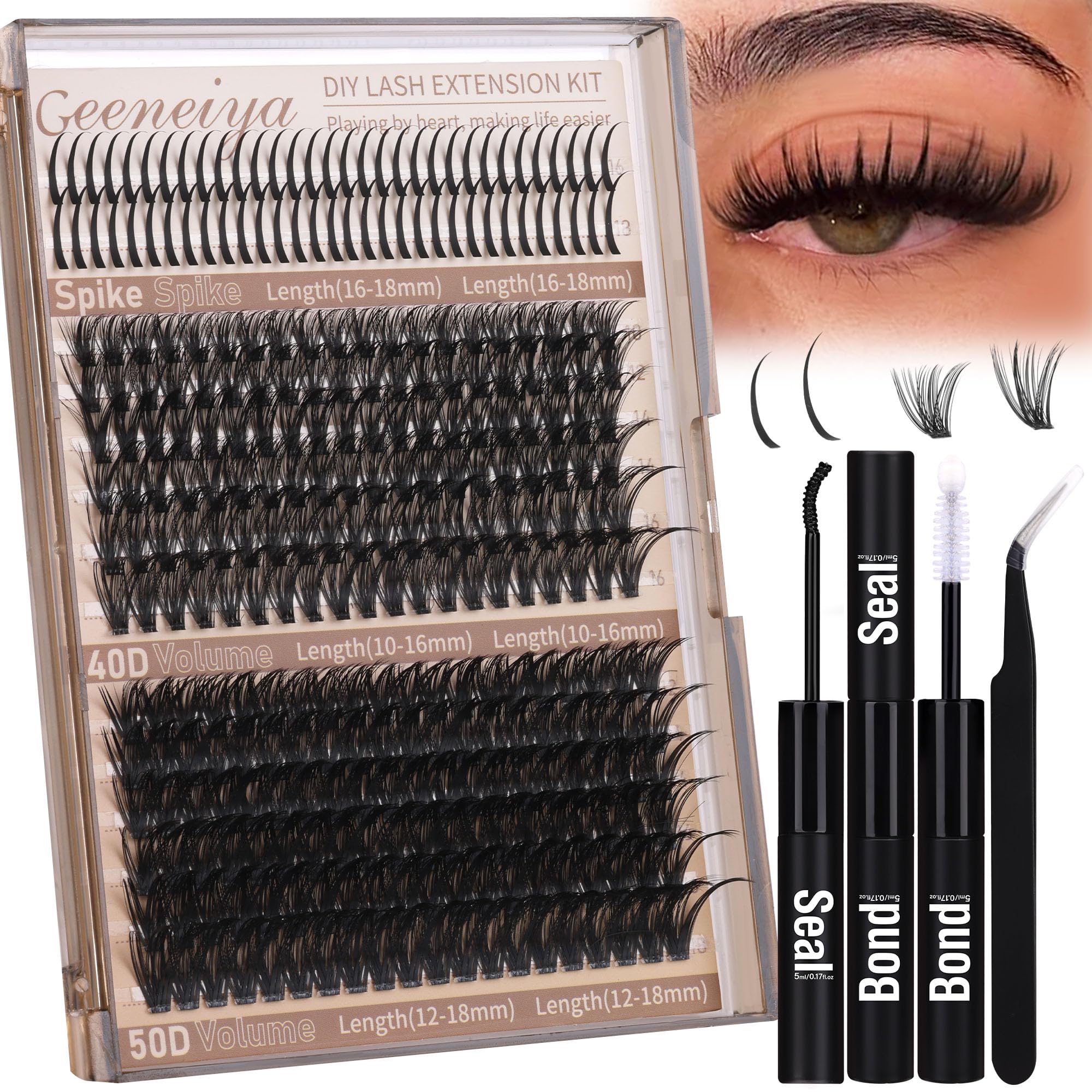Geeneiya Volume Clusters Kit with 40D-50D lashes for customizable looks.