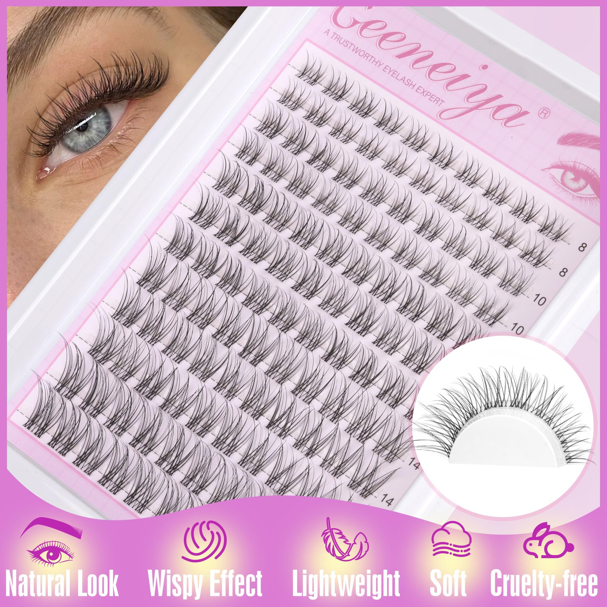 Geeneiya wispy 8-16mm D-curl extensions create a soft, natural effect.