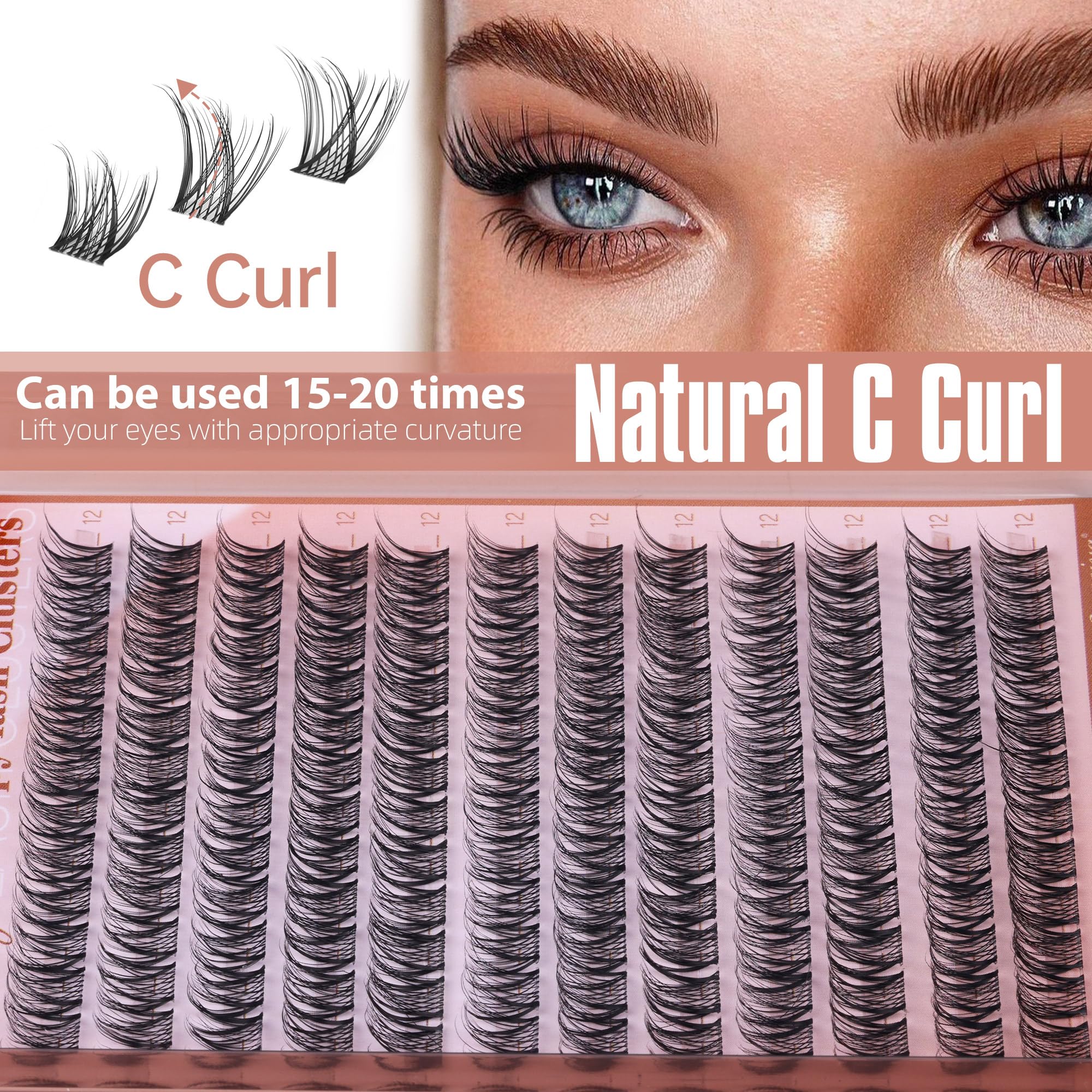 Geeneiya wispy cluster lashes 12mm with C-Curl for natural enhancement.