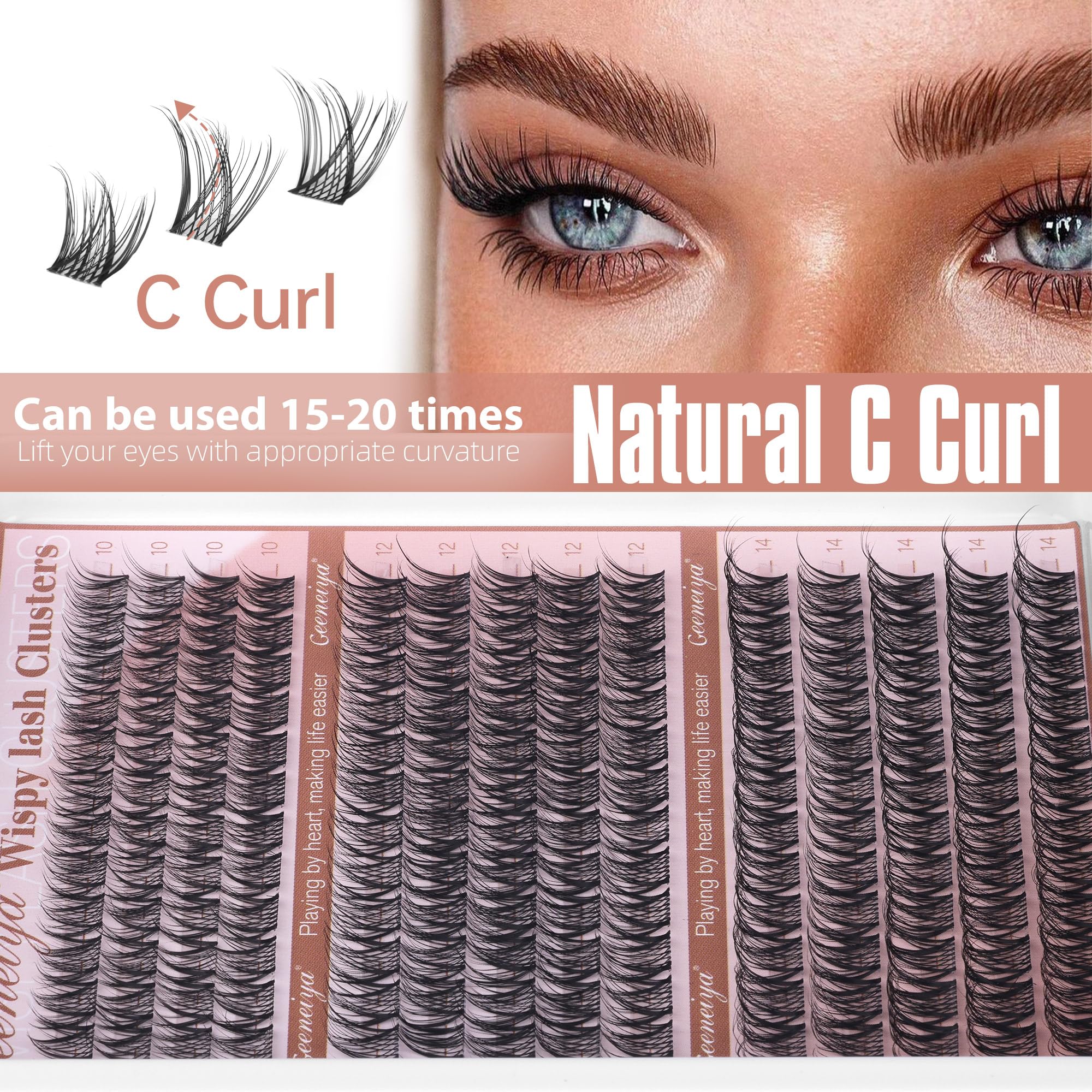 Geeneiya wispy clusters close-up show natural cross-style lashes.