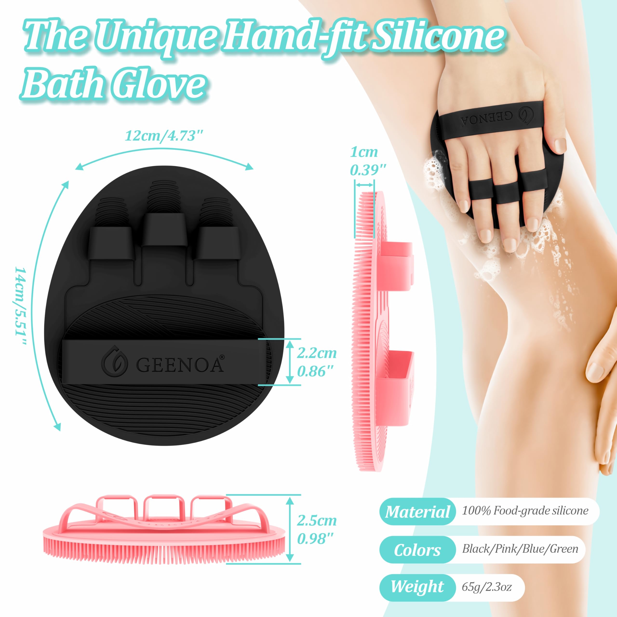 GEENOA silicone bath glove featuring hand-fit design that adapts to your hand for effortless scrubbing.
